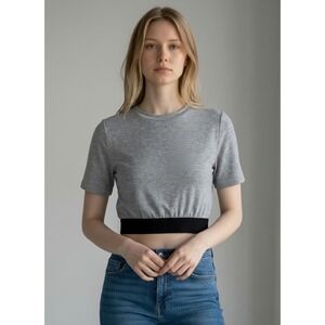 Choosy Grey Heathered Crop Top Black Elastic Hem 1902TO12 Womens XS NWT